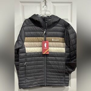 Cotopaxi Men’s Large Fuego Hooded Down Puffer Jacket Cinder Stripes Grey NWT